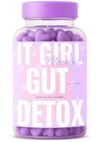 It Girl Vitamins Gut Detox gummies jar with purple lid and label, vegan gut health supplement for digestion, bloating support, detox and daily wellness. Women's Daily Health & Wellness. 
It Girl Vitamins Gut Detox supplement jar with purple lid, vegan gummies for bloating relief, gut health, digestion, detox support
