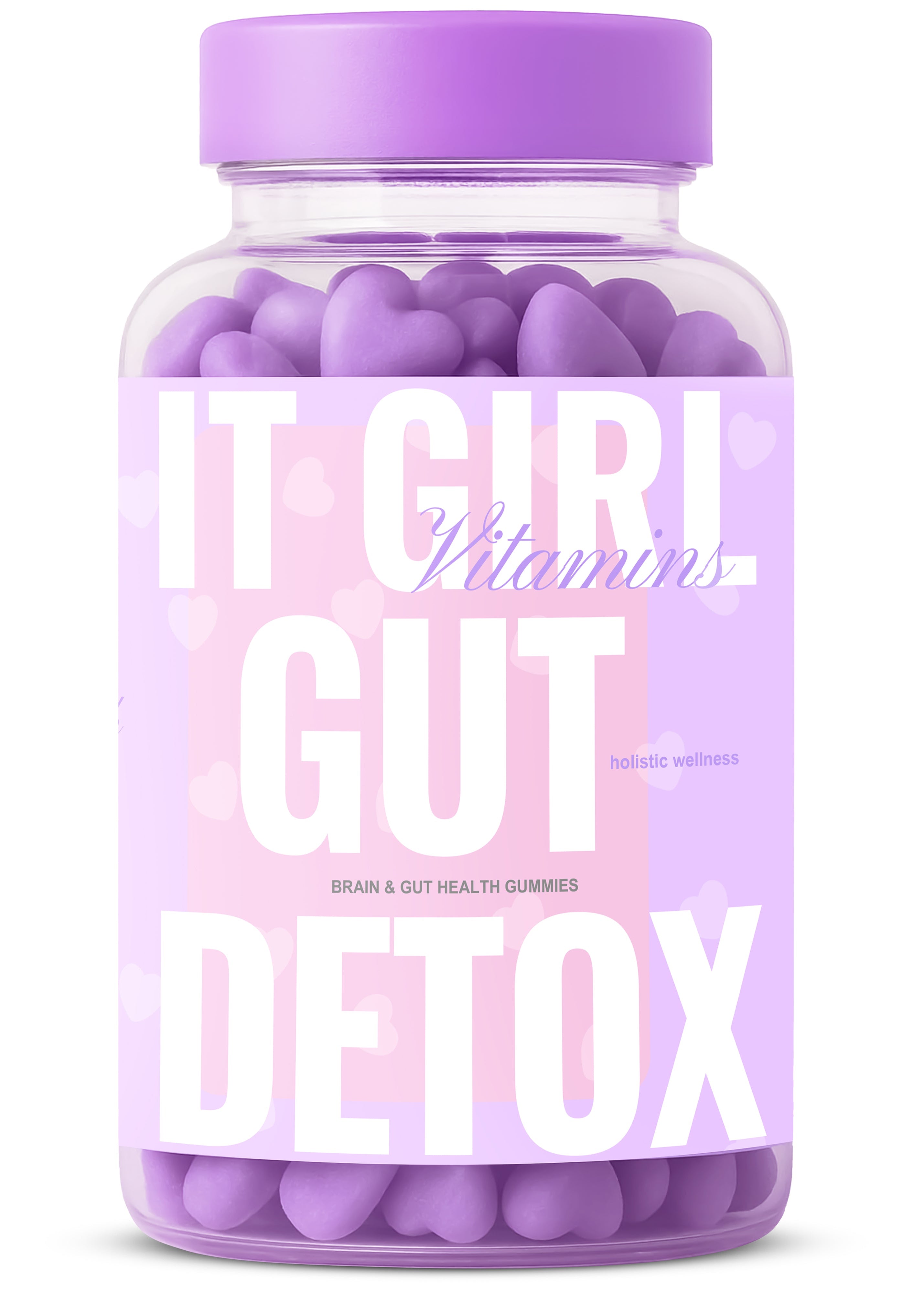 It Girl Vitamins Gut Detox gummies jar with purple lid and label, vegan gut health supplement for digestion, bloating support, detox and daily wellness. Women's Daily Health & Wellness. 
It Girl Vitamins Gut Detox supplement jar with purple lid, vegan gummies for bloating relief, gut health, digestion, detox support