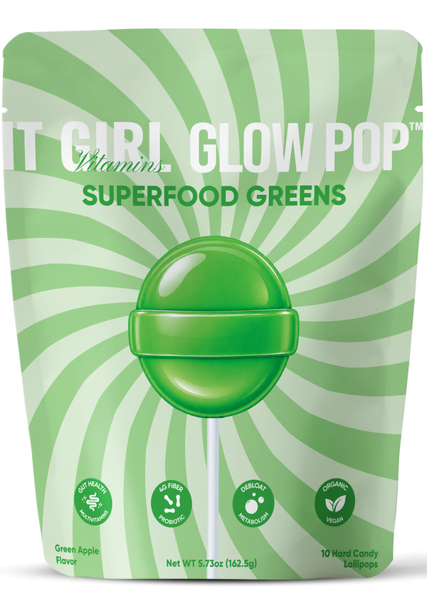 IT GIRL Glow Pop Superfood Greens Lollipops in Green Apple packaging