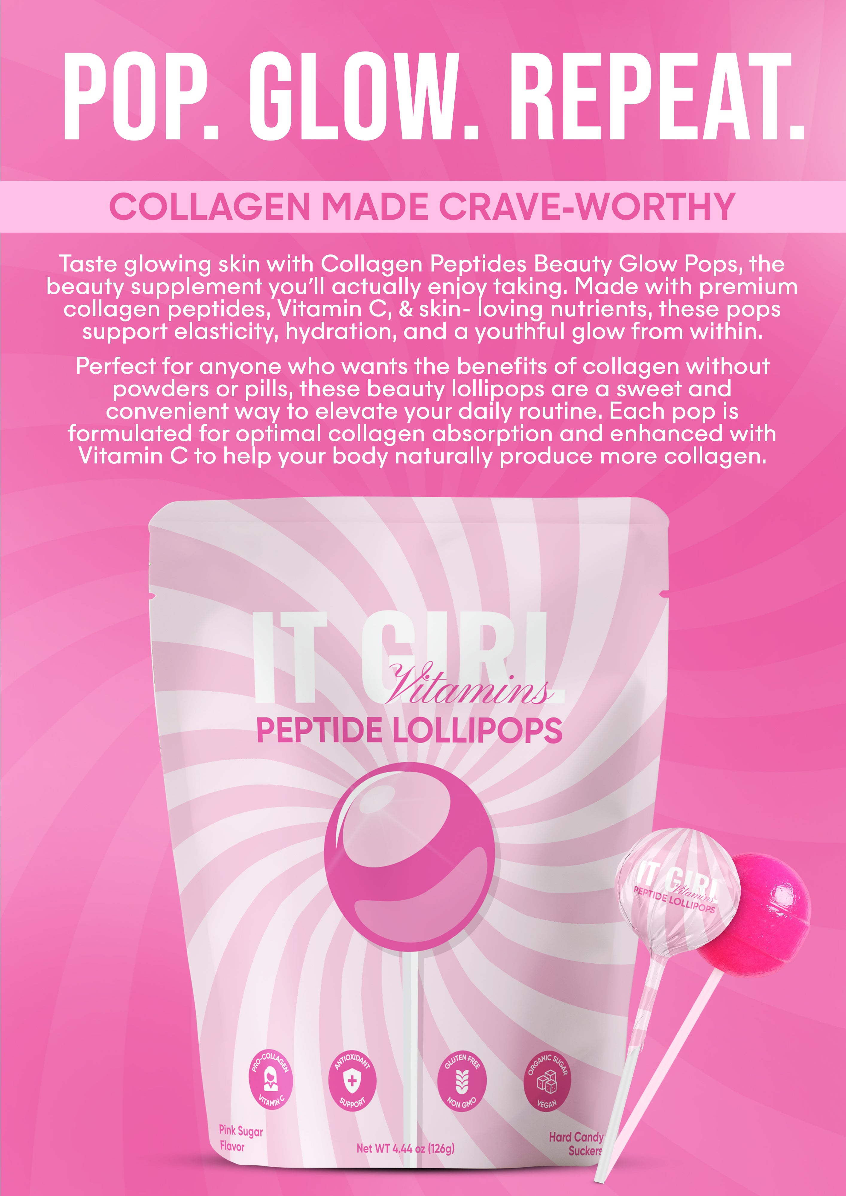 It Girl Beauty Lollipops - Collagen Peptides & Vitamin C Healthy Candy for Skin, Hair, Nails