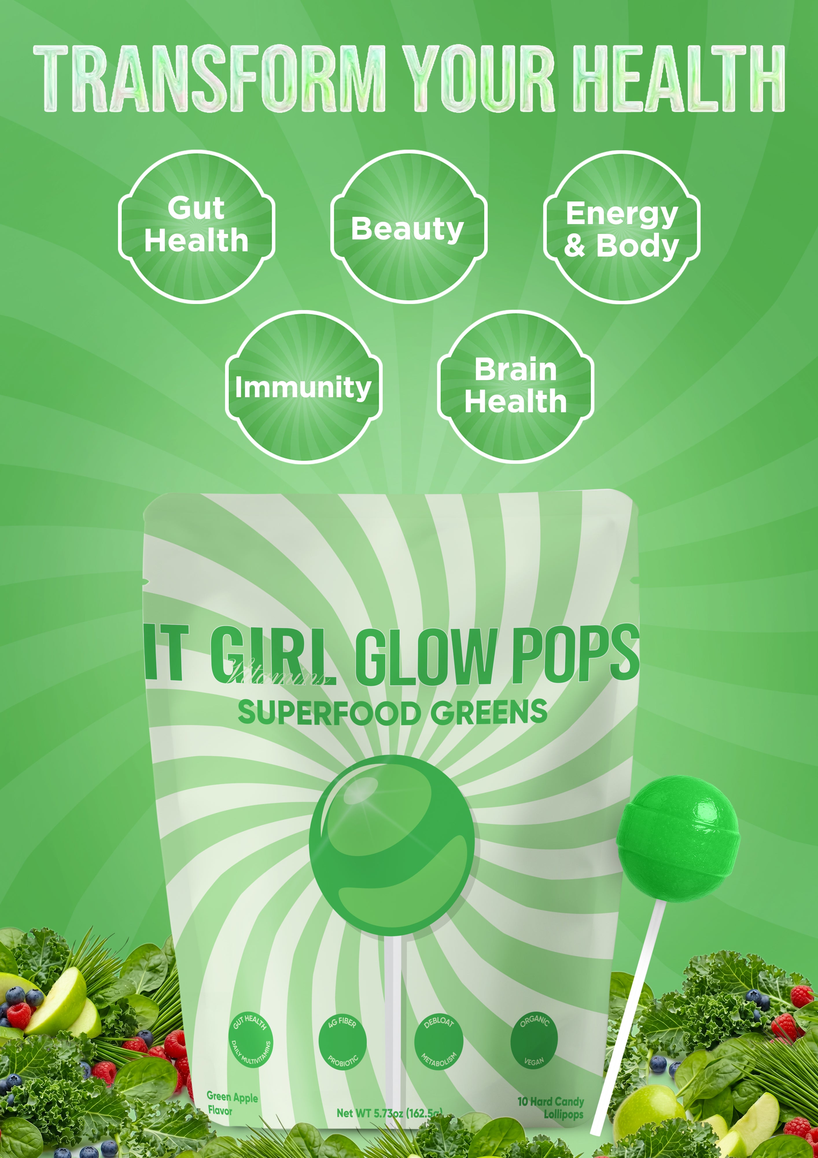 It Girl Greens Glow Pop™ 20 Gut Ingredients - Prebiotic Fiber + Probiotics
