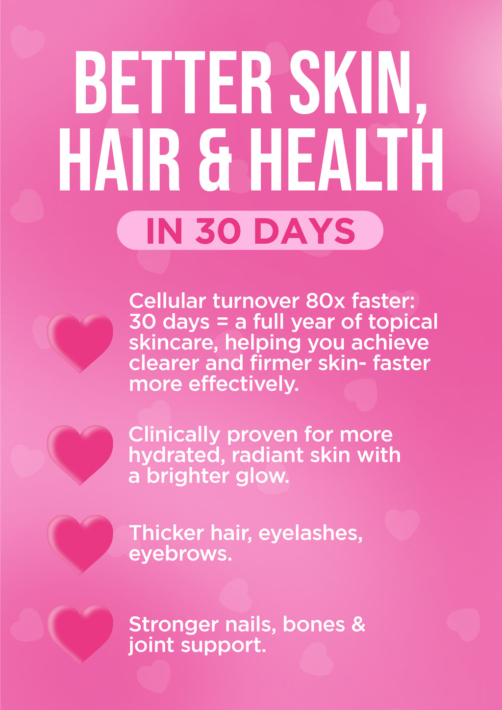 Promotional text on a pink background about skincare, hair, and health benefits in 30 days.