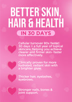 Promotional text on a pink background about skincare, hair, and health benefits in 30 days.