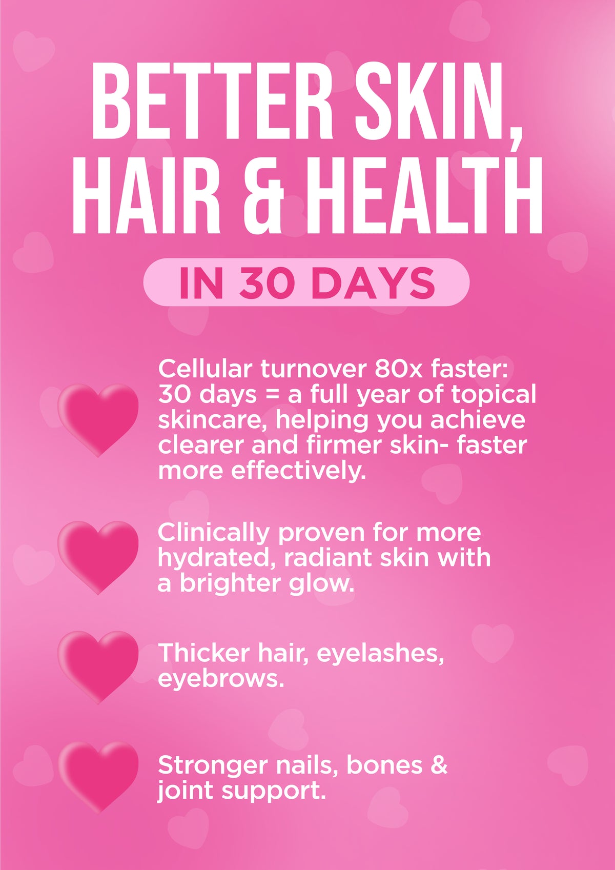 Promotional text on a pink background about skincare, hair, and health benefits in 30 days.