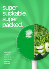 Green It Girl lollipop graphic with a cutaway collage of greens and apples.