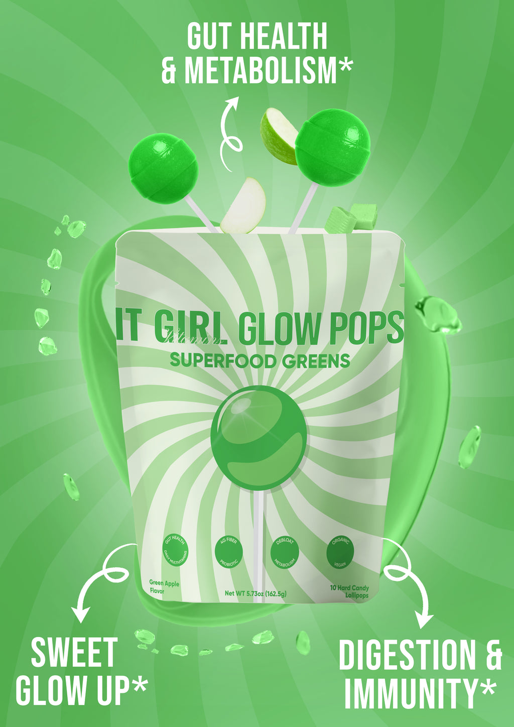 A green and white illustrated product card for 'It Girl Glow Pops' featuring a juice-box-like package with the words 'Superfood Greens' and floating green gummy candies, set on a green sunburst background with marketing text about gut health, metabolism, sweetness, digestion, and immunity.