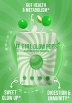 A green and white illustrated product card for 'It Girl Glow Pops' featuring a juice-box-like package with the words 'Superfood Greens' and floating green gummy candies, set on a green sunburst background with marketing text about gut health, metabolism, sweetness, digestion, and immunity.