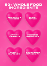 A pink promotional graphic with the headline '50+ WHOLE FOOD INGREDIENTS' above six pink heart shapes containing white text: 'WHOLE FRUITS & VEGGIES,' 'BEAUTY ACTIVES,' 'VITAMINS & MINERALS,' 'PREBIOTICS & PROBIOTICS,' 'HERBS & ADAPTOGENS,' and 'SUPERFOODS & ANTIOXIDANTS.'.
