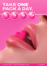 Promotional graphic for Allulose & Reb M strawberry gummies, featuring a close-up of glossy pink lips holding a heart-shaped pink gummy. The top contains the text 'TAKE ONE PACK A DAY.