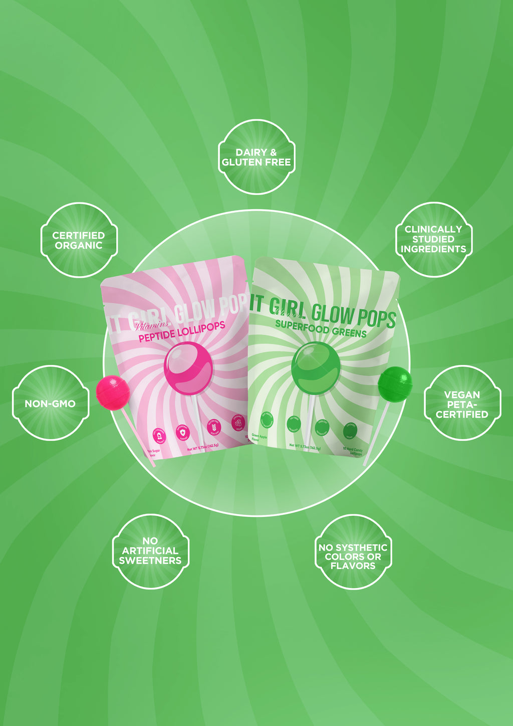 Two stand-up pouches of glow lollipops on a green sunburst background with surrounding callout badges. The left pouch is pink and reads 'The Bold Beauty of It Girl Glow Pops Super Coo Glow Lollipops'; the right pouch is green and reads 'IT GIRL GLOW POPS SUPER CO GLOW'.