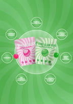Two stand-up pouches of glow lollipops on a green sunburst background with surrounding callout badges. The left pouch is pink and reads 'The Bold Beauty of It Girl Glow Pops Super Coo Glow Lollipops'; the right pouch is green and reads 'IT GIRL GLOW POPS SUPER CO GLOW'.