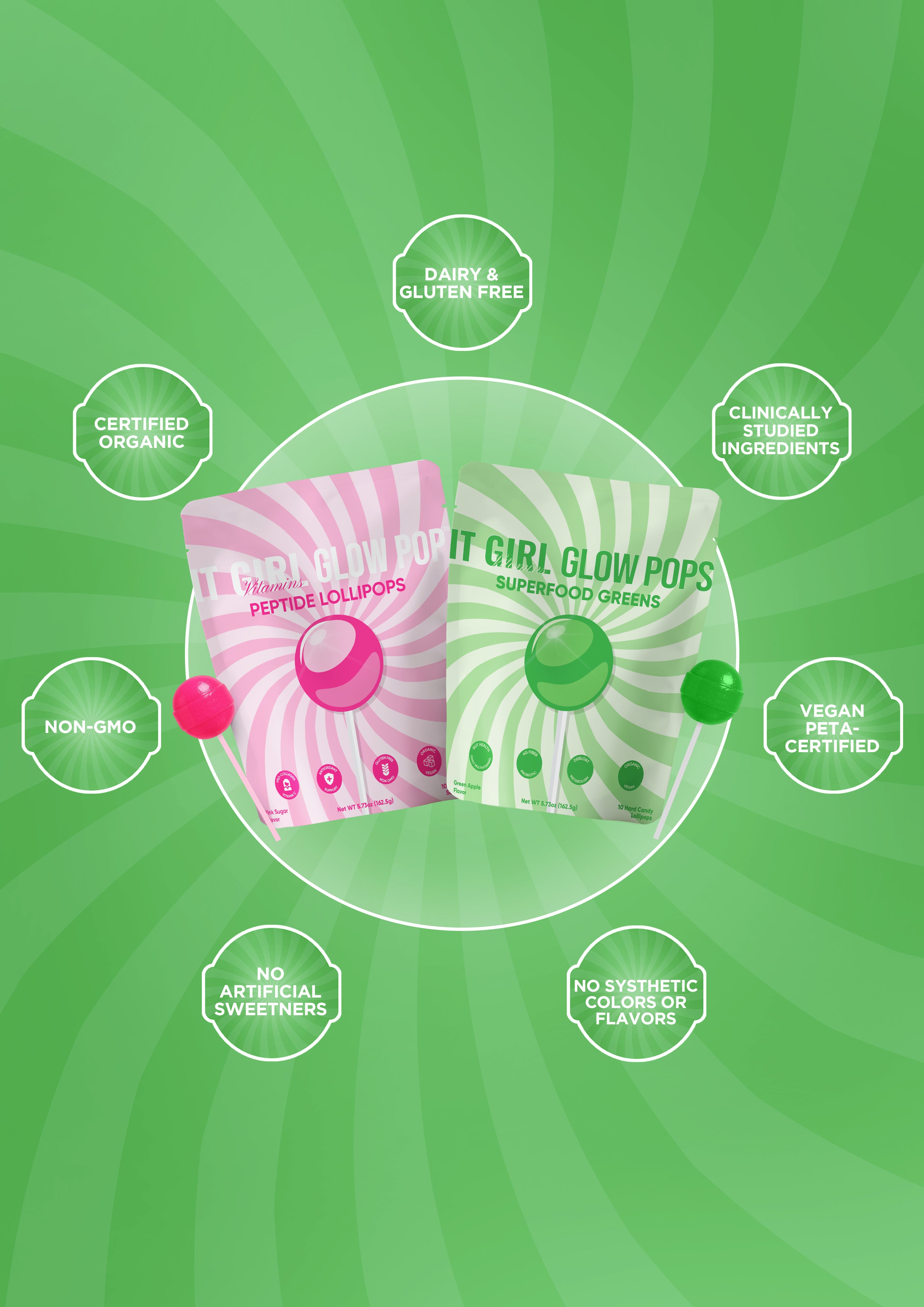 Two stand-up pouches of glow lollipops on a green sunburst background with surrounding callout badges. The left pouch is pink and reads 'The Bold Beauty of It Girl Glow Pops Super Coo Glow Lollipops'; the right pouch is green and reads 'IT GIRL GLOW POPS SUPER CO GLOW'.