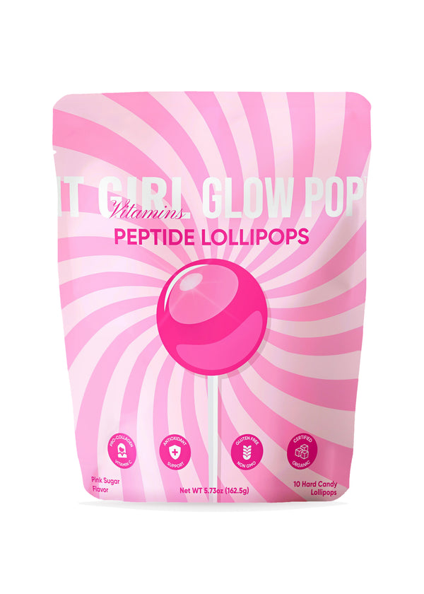 It Girl Glow Pop Peptide Lollipops pouch, pink sugar collagen peptide lollipops