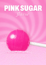 It Girl Pink Sugar peptide lollipop resting on pink sugar crystals, with a close-up of its glossy candy surface.