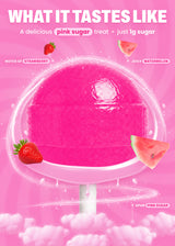 Close-up of a pink It Girl lollipop with Pink Sugar flavor text and fruit imagery.