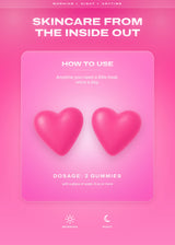 It Girl Skin directions graphic showing two pink heart-shaped gummies.