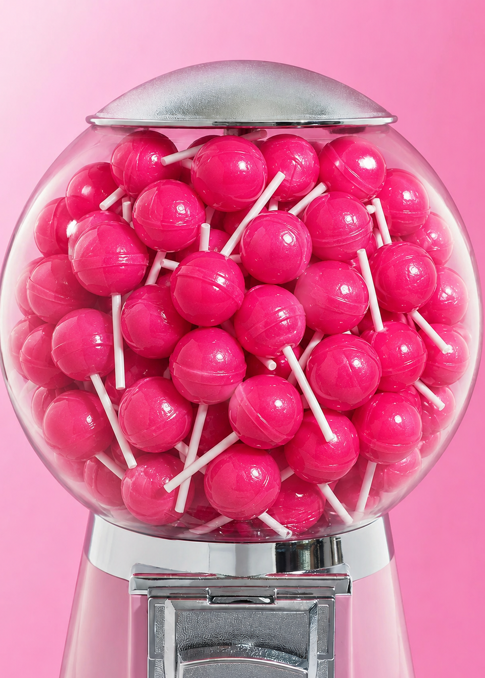 A pink gumball machine filled with bright pink round lollipops, photographed against a solid pink background.