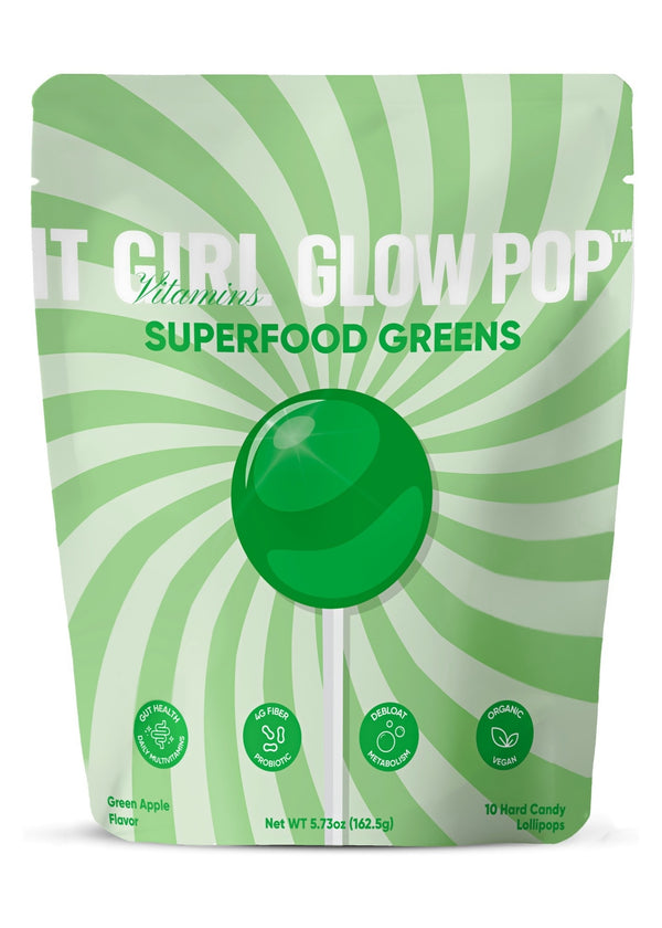 Green striped It Girl Glow Pop Superfood Greens pouch on a white background.