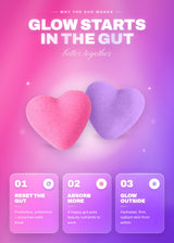 Pink and purple heart-shaped gummies illustrating the Skin and Gut Detox pairing.