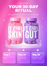 Skin and Gut Detox bottles with a thirty-day routine graphic.