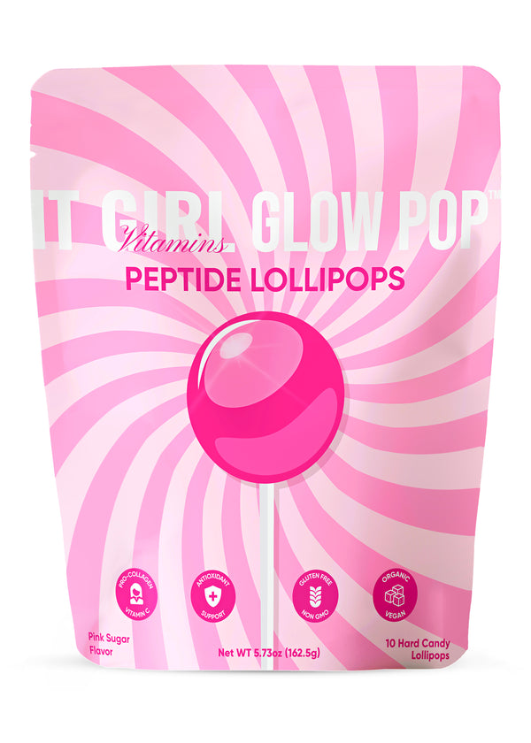 Pink striped It Girl Glow Pop Peptide Lollipops pouch on a white background.